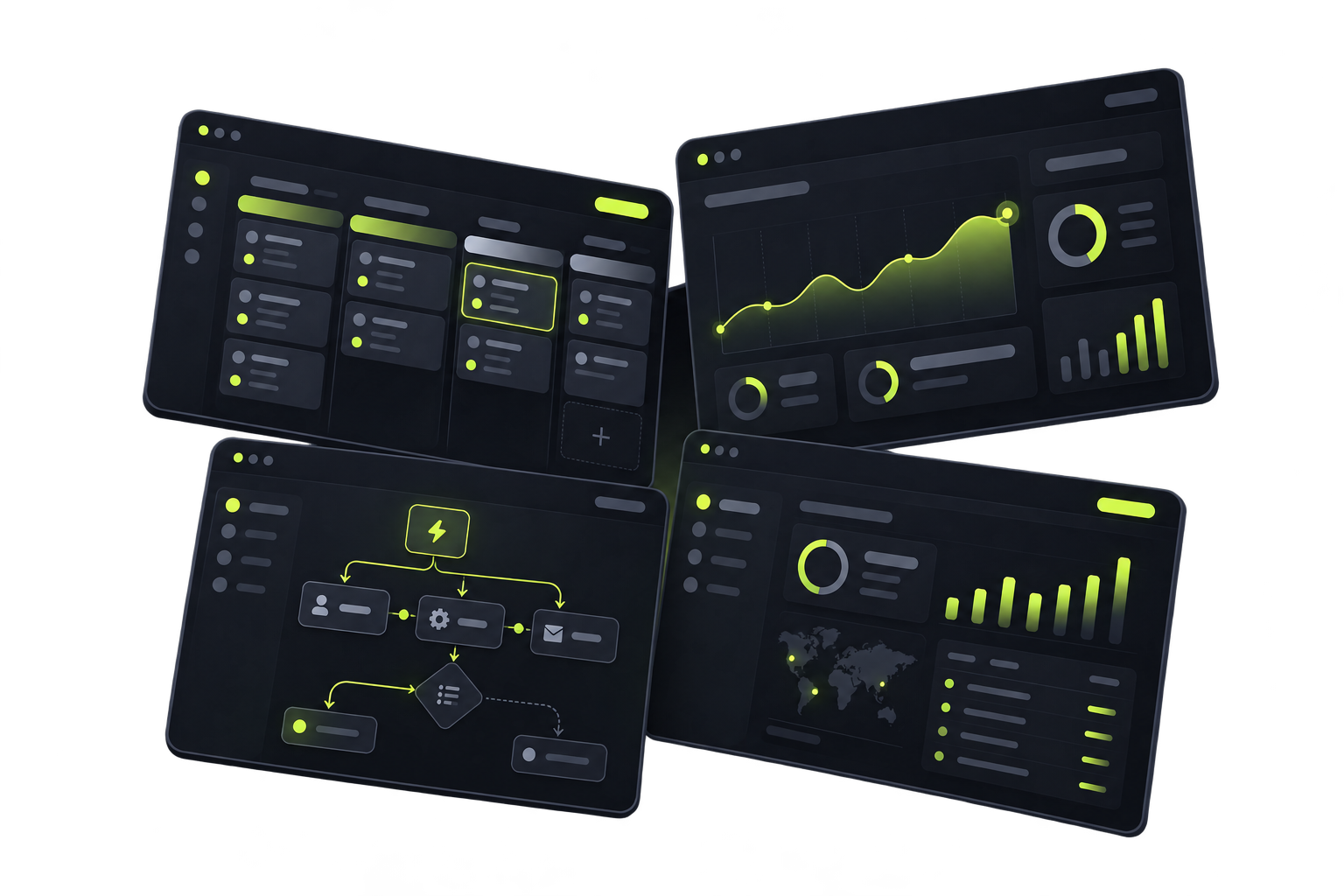 Colagem de interfaces: CRM, painel operacional, automações e análises